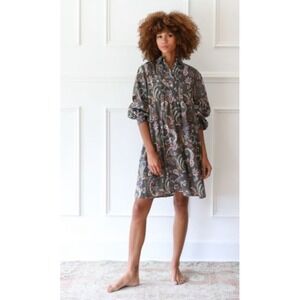 Mille Resort & Travel Bonnie Dress Small Green Paisley Cotton Poplin Poet Sleeve